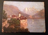 Pictură &icirc;n miniatură Ch&acirc;teau de Chillon, ulei pe carton din anul 1900