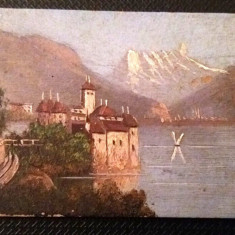 Pictură în miniatură Château de Chillon, ulei pe carton din anul 1900