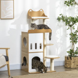 Cumpara ieftin PawHut Ansamblul pentru pisici MDF cu stalpi de zgariat din sisal, 2 casute pentru pisici, platforme si minge de joaca, 60x48x133 cm, alb si stejar