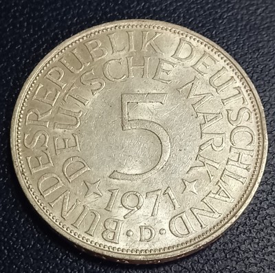 (A135) MONEDA DIN ARGINT GERMANIA - 5 MARK 1971, LIT. D, 11,2 GRAME. PURITATE 625 foto