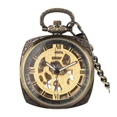 Ceas de buzunar Gorben P009 Bronz-Auriu - Steampunk Mecanic, Afisaj cu Cifre Romane, Cu Lant Vintage Retro foto