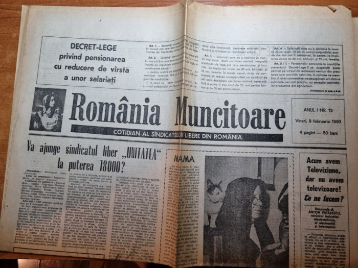 ziarul romania muncitoare 9 februarie 1990-sindicatul liber unitatea