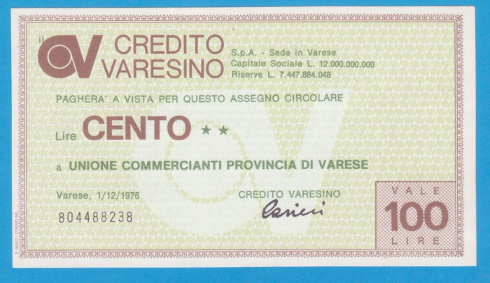(1) CEC BANCAR ITALIAN - CREDITO VARESINO - 100 LIRE 1976, PROVINCIA DI VARESE