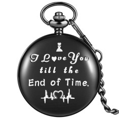 Ceas de buzunar vintage, JustZEN&trade;, Love, cu lant, negru, Quartz, cu baterie