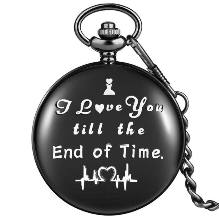 Ceas de buzunar vintage, JustZEN&trade;, Love, cu lant, negru, Quartz, cu baterie