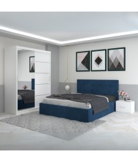 Dormitor Filip Albastru Cu Pat Tapitat Stofa 140x200cm
