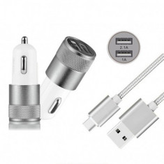 Duo 2.1A/1A Adaptor Auto + cablu USB tip C USB-C Culoare Argint foto