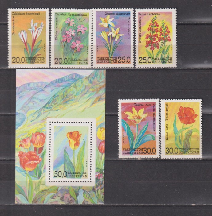 UZBECHISTAN 1993 FLORA MI. 35-40+BL. 2 MNH