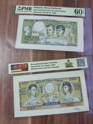 REPRODUCERE pe hartie cu filigran si fire UV proiect bancnota 100.000 lei 1946 foto