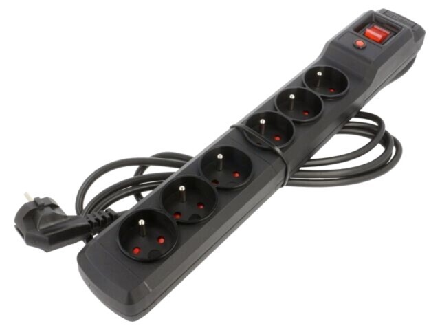 Prelungitor ARCON cu 6 prize, protecție la supratensiune, cablu 3m, 10A, negru