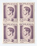 **Romania, LP 187/1945, Uzuale - Mihai I, hartie alba, bloc de 4, eroare 4, MNH