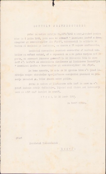 A1333 Act Reuniunea Rom&acirc;nă a Meseriașilor și Comercianților, Făget, județul Timiș, 1945