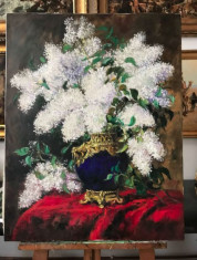 Pictura cu flori in vaza cobalt Tablou cu flori de liliac tablou pictat in cutit foto