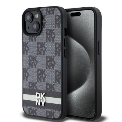 Husa iPhone 15 Plus - DKNY Leather Checkered Mono Pattern &amp;amp; Printed Stripes (DKHCP15MPCPTSSK) - Black foto