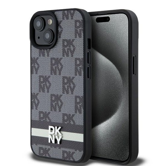 Husa iPhone 15 Plus - DKNY Leather Checkered Mono Pattern &amp; Printed Stripes (DKHCP15MPCPTSSK) - Black