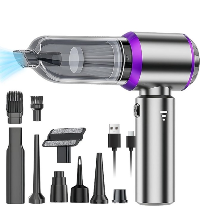 Aspirator Portabil Auto, Flippy, pentru Casa si Masina, 3 Viteze, Incarcator Tip-C cu Incarcare Rapida, Tub Prelungitor, 2000mAh, 7 Capete de Aspirare