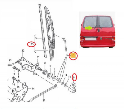 Brat stergator luneta VW Transporter (T4)/Caravelle/Multivan, 07.1990-03.2003, Versiune usa spate Dubla, partea Stanga, cu lamela stergator 400 mm, A foto