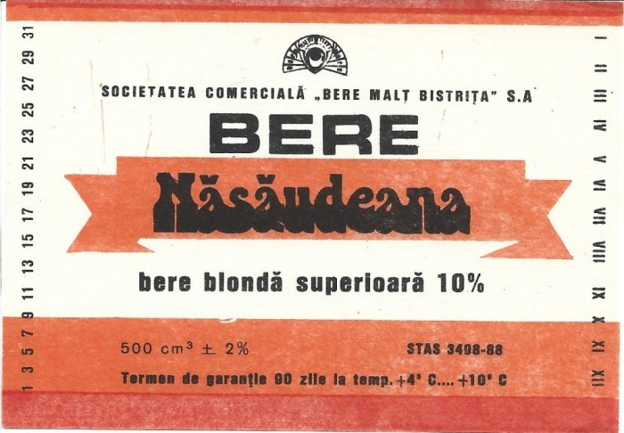 NI444 Etichetă bere blondă superioară Năsăudeana, Societatea comercială Bere Malț Bistrița SA, &icirc;nceputul anilor 1990