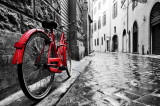 Tablou canvas Bicicleta rosie, strada cu piatra cubica, retro, 45 x 30 cm