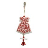 Ornament de brad clopotel din tweed, Flippy, alb/rosu, lemn, 18 cm, Oem