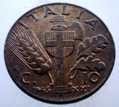 1.697 ITALIA WWII VITTORIO EMANUELE III 10 CENTESIMI 1943 R XF/AUNC foto