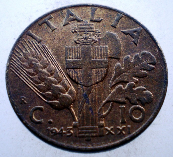 1.697 ITALIA WWII VITTORIO EMANUELE III 10 CENTESIMI 1943 R XF/AUNC