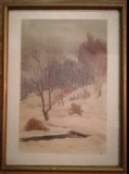 Tablou peisaj iarna, acuarela, semnata I. Gusescu, rama si sticla 40x30