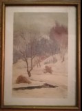 Tablou peisaj iarna, acuarela, semnata I. Gusescu, rama si sticla 40x30, Natura, Realism