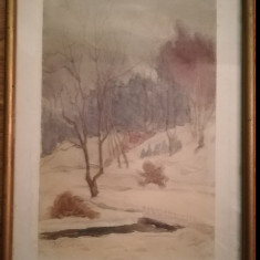 Tablou peisaj iarna, acuarela, semnata I. Gusescu, rama si sticla 40x30