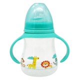 Sticla educationala cu manere din plastic, tetina din silicon pentru bebelusi de 4 luni si peste, 230ml, albastru, design animale jungla, 0% BPA