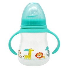 Sticla educationala cu manere din plastic, tetina din silicon pentru bebelusi de 4 luni si peste, 230ml, albastru, design animale jungla, 0% BPA foto