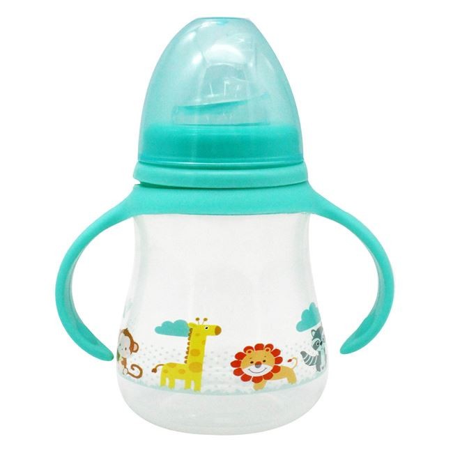 Sticla educationala cu manere din plastic, tetina din silicon pentru bebelusi de 4 luni si peste, 230ml, albastru, design animale jungla, 0% BPA