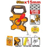 Ruleta cu banda de fibra 50m x 15mm, sistem dual metric/inch, INGCO HFMT1850