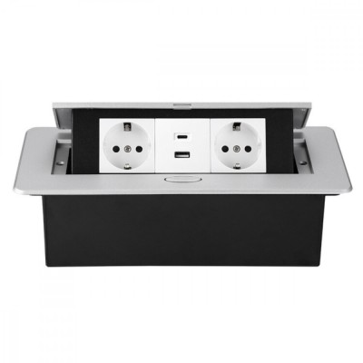 Priza Incorporabila in mobilier, ATOMKIT, 2 Prize Schuko, USB A+C, Conductori cupru, Material de Aluminiu, Calitate Superioara, Cablu Alimentare 1.8 m foto