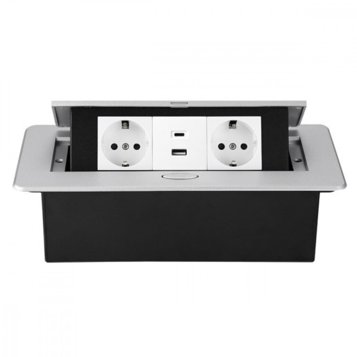 Priza Incorporabila in mobilier, ATOMKIT, 2 Prize Schuko, USB A+C, Conductori cupru, Material de Aluminiu, Calitate Superioara, Cablu Alimentare 1.8 m