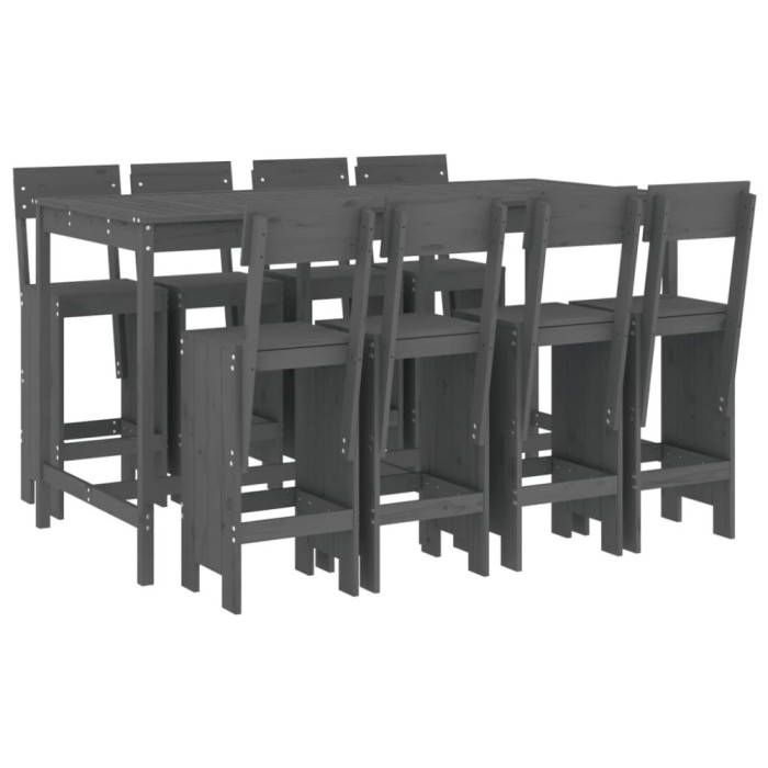 Set bar de gradina, 9 piese, gri, lemn masiv de pin