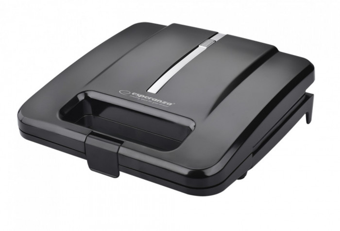 Sandwich maker Esperanza Parmigiano, maner/carcasa izolate termic, 50/60Hz, 1000W, 220-240V, 22,5 x 22,3 x 7,3cm, negru