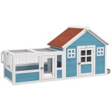 PawHut Cușcă mare pentru iepuri cu 2 ferestre decorative roți 1 ușă 1 rampă și acoperiș asfaltat 162,5x59,2x77,6 cm Albastru | Aosom Romania