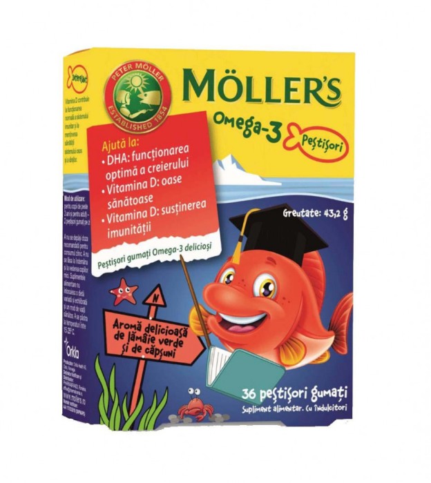 Pestisori Gumati cu Omega 3 Aroma de Lamaie Verde si Capsuni 36 jeleuri Moller&#039;s