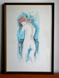 Indiscretie - pictura nud originala, acuarela semnata, tablou inramat 35 x 50 cm, Realism