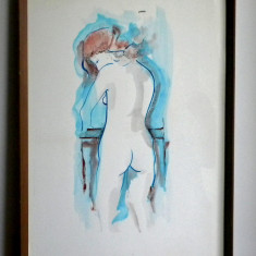 Indiscretie - pictura nud originala, acuarela semnata, tablou inramat 35 x 50 cm