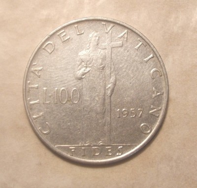 VATICAN 100 LIRE 1957 PIUS AL XII LEA foto