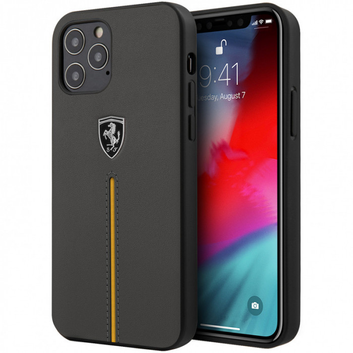 Husa Piele Ferrari Off Track Leather pentru Apple iPhone 12 / Apple iPhone 12 Pro, Neagra Gri FEOMSHCP12MDG