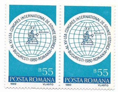 Romania (510) - Al XV-lea Congres International de Stiinte Istorice, 1980, neobliterata, bloc de 2 foto