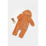 Salopeta Elefant cu maneca lunga si gluga din 80%bumbac organic si 20% poliester - Caramiziu, BabyCosy (Marime: 6-9 luni)