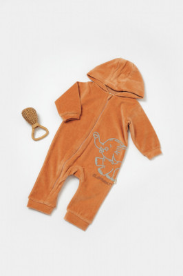Salopeta Elefant cu maneca lunga si gluga din 80%bumbac organic si 20% poliester - Caramiziu, BabyCosy (Marime: 9-12 luni) foto
