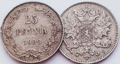287 Finlanda 25 pennia 1909 Aleksandr II / III / Nikolai II (crown) km 6 argint foto
