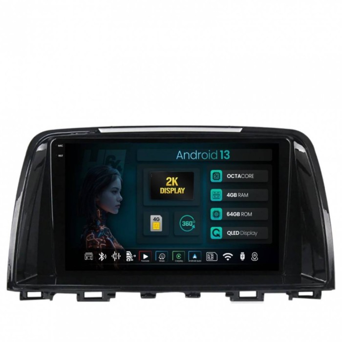 Navigatie 2K Mazda 6 (2013-2015) 4GB RAM Android 13 Octacore Slot Sim 4G DSP GPS Wi-FI Carplay Android Auto USB Bluetooth Waze Touchscreen 9.5 Inch