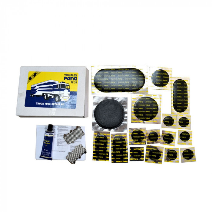 Set petice vulcanizare Pang PF30 pentru camera auto la autoturisme, autoutilitare si camioane (TIR) , 17 petice si solutie lipit 35ml Kft Auto