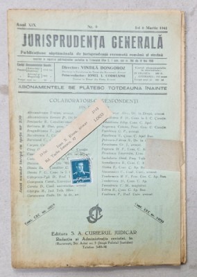 JURISPRUDENTA GENERALA , PUBLICATIUNE SAPTAMANALA DE JURISPRUDENTA REZUMATA ROMANA SI STREINA , NR. 9 , 1941 foto